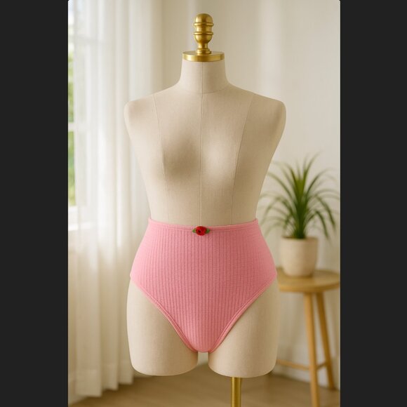 Betsey Johnson Pink Swim Ribbed Rosette Scrunch High Waist Bikini Bottom Sz M - Picture 1 of 16